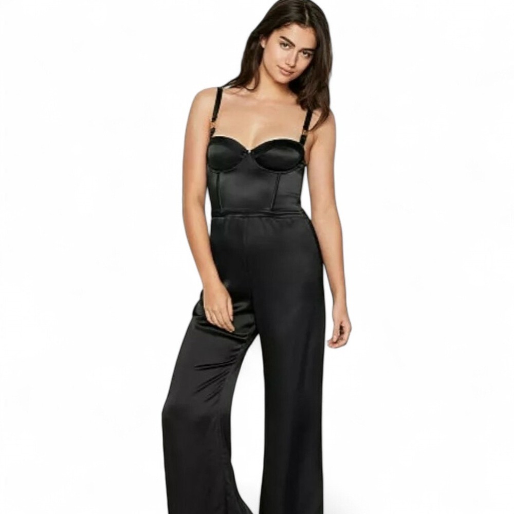 Victoria's Secret Black Satin Bustier‎ Lounge Jumpsuit Wide Leg L